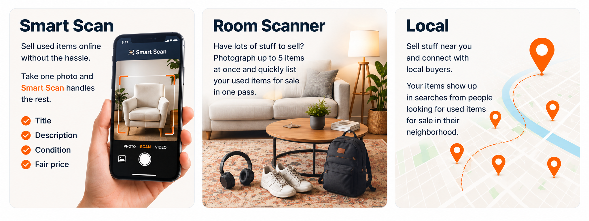 DWNSZD features: Smart Scan, Room Scanner, and Local selling