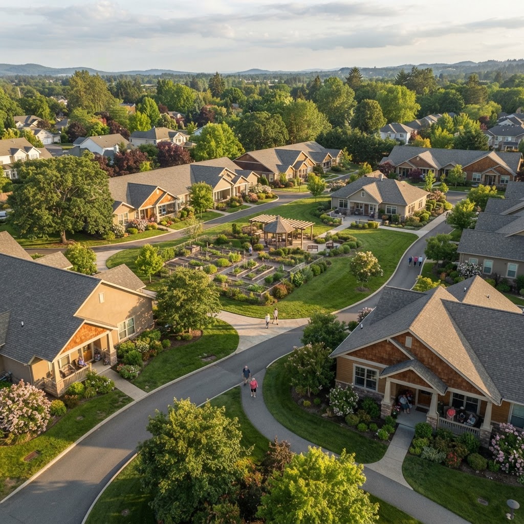 Planned community of cottages and villas with walking paths and green spaces