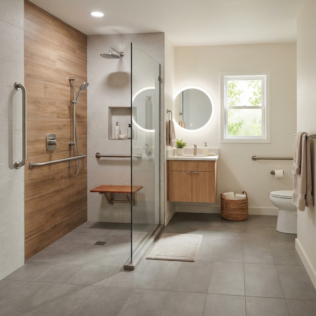 Bright, modern accessible bathroom with zero-threshold shower