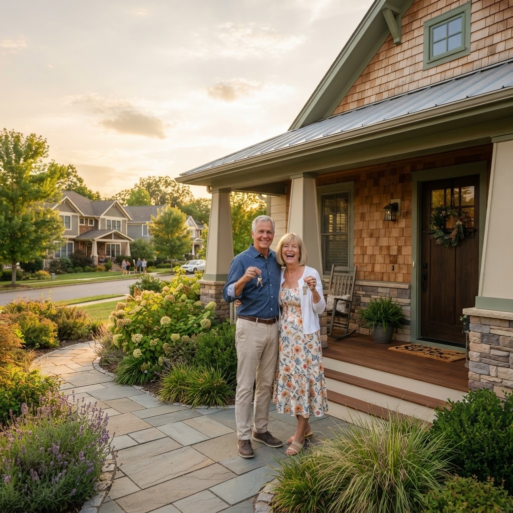 Happy couple in their 60s on the porch of their new home