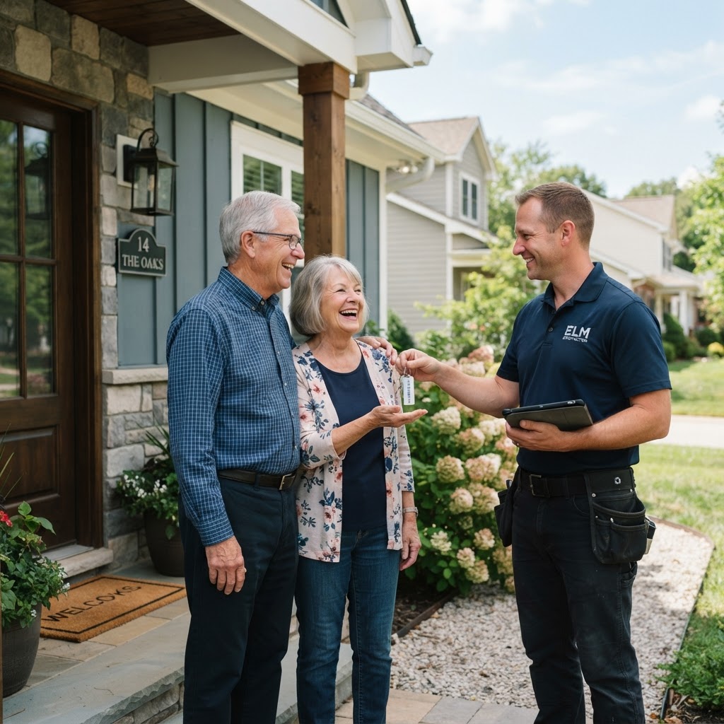Builder handing keys to a smiling older couple at their new home