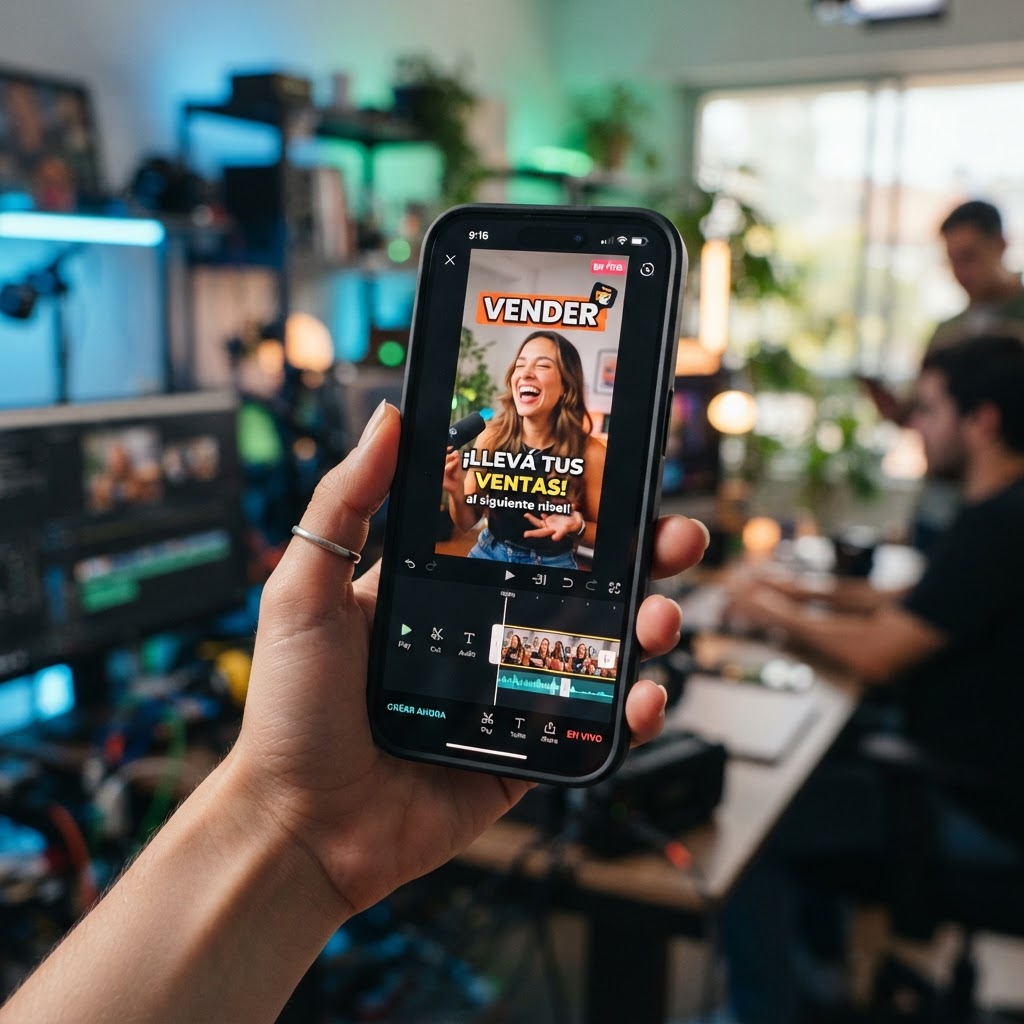 Smartphone mostrando la edición de un video clip con subtítulos animados para redes sociales