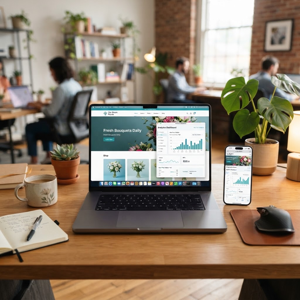 Espacio de trabajo moderno con laptop y smartphone mostrando sitios web y dashboard de negocio