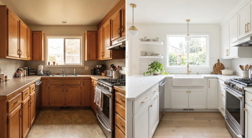 Kitchen cabinet refinishing transformation Portland Oregon before and after