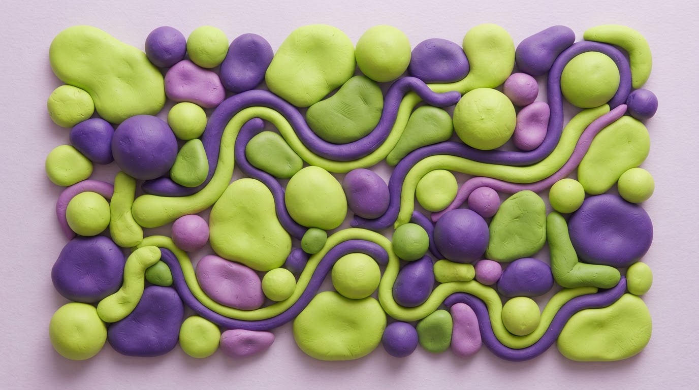 Sculptural forms connected by a flowing path