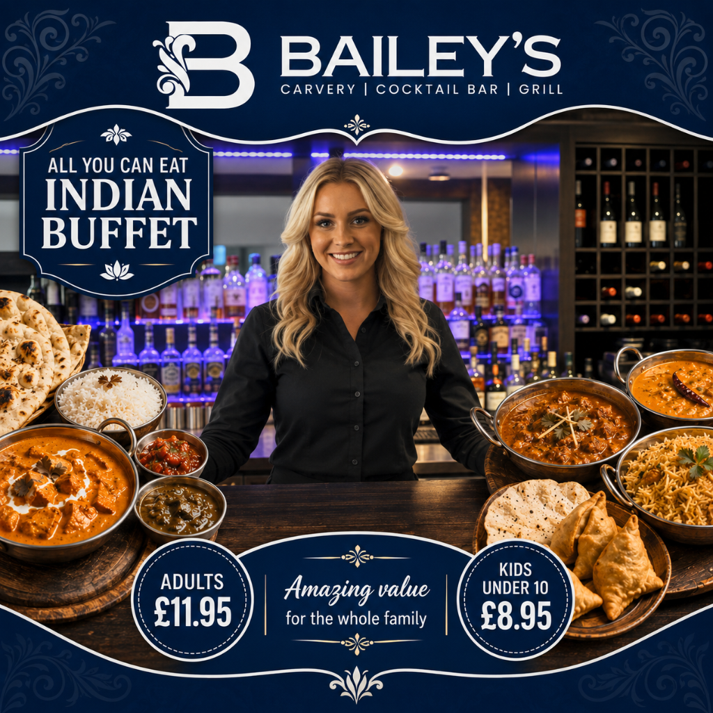 All You Can Eat Indian Buffet at Bailey's Bar & Grill — Adults £11.95, Kids under 10 £8.95