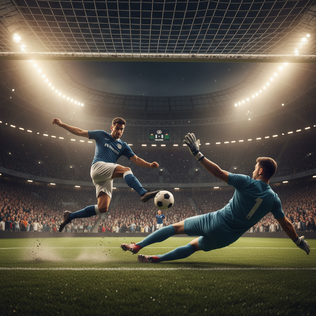 Soccer player taking a penalty kick with goalkeeper diving