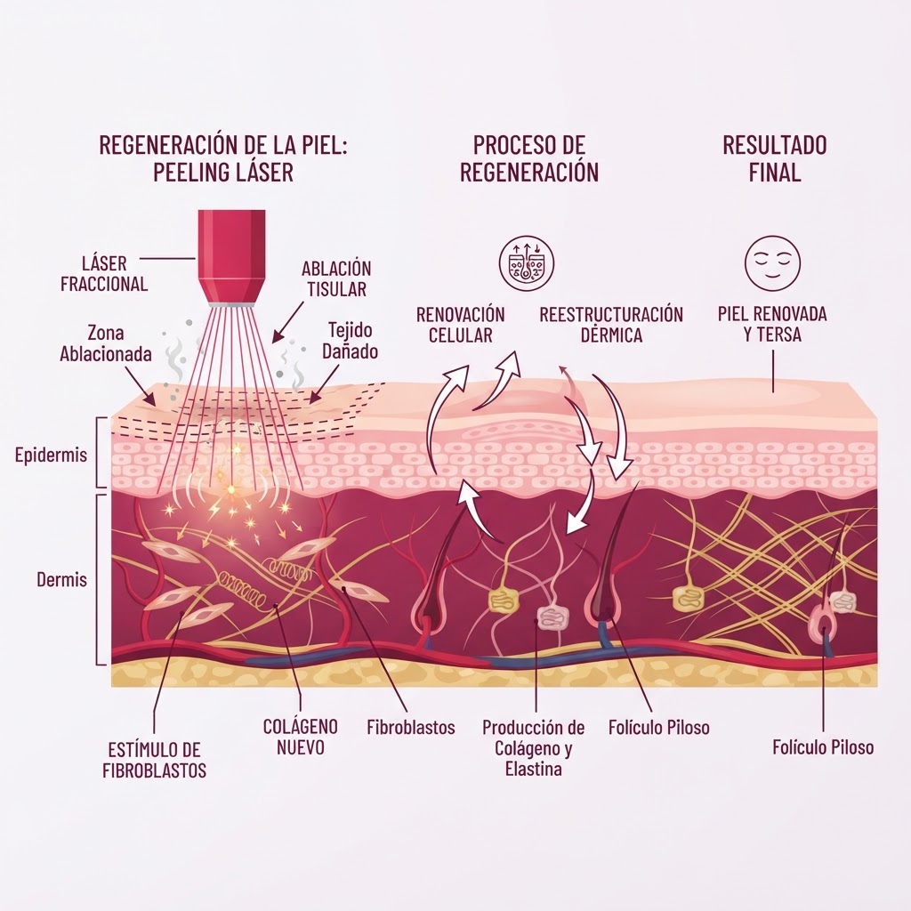 Esquema de la regeneración epidérmica y la estimulación de colágeno mediante emisión láser