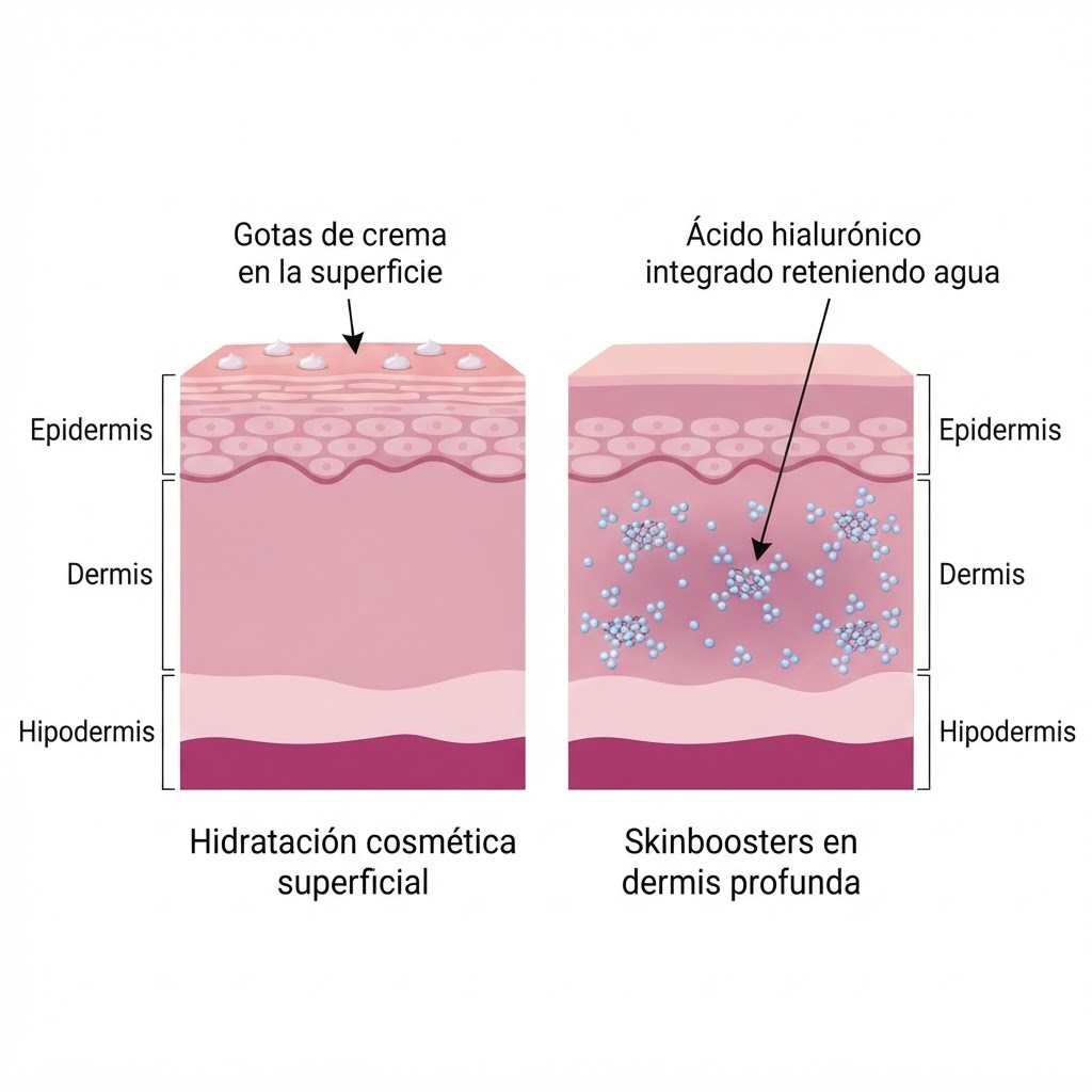 Esquema de las capas de la piel: hidratación cosmética superficial frente a la integración del ácido hialurónico de baja reticulación en la dermis profunda