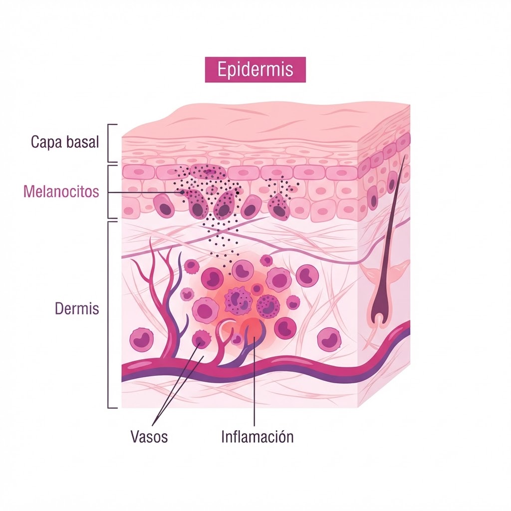 Esquema de la capa basal, melanocitos y respuesta inflamatoria