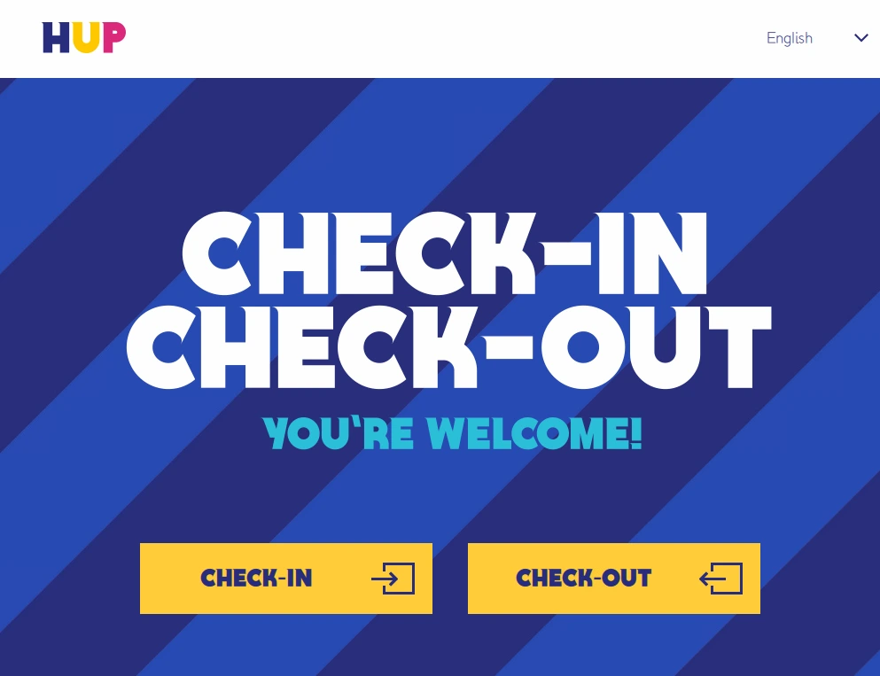 HUP self-service kiosk check-in and check-out screen