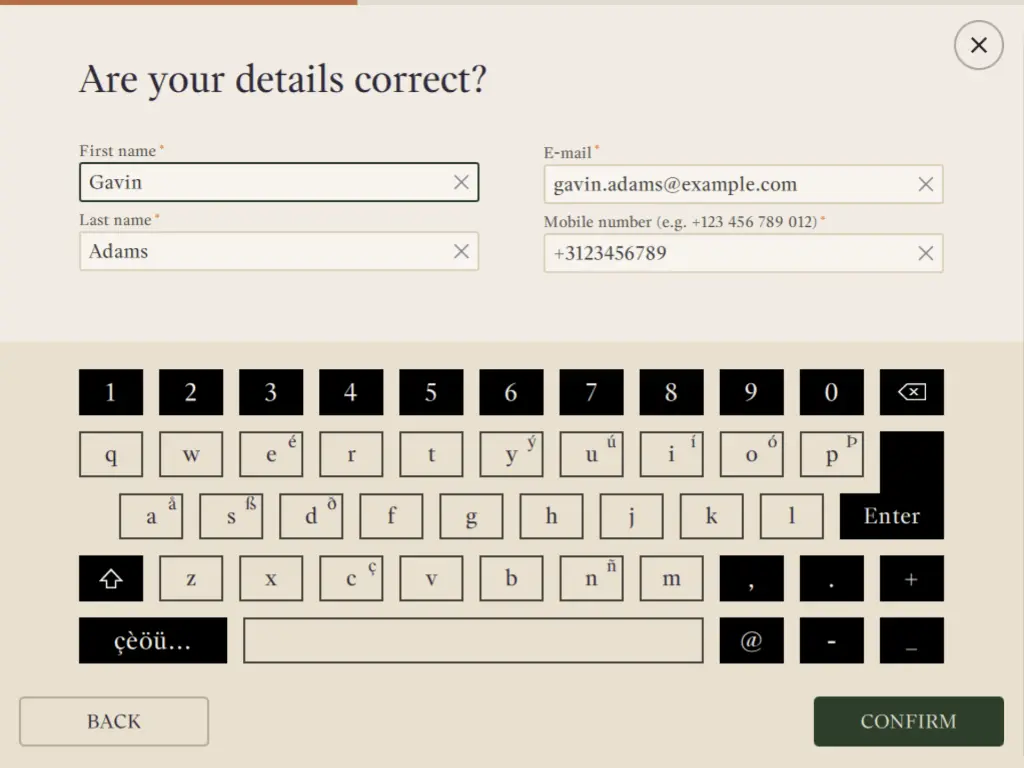 HUP self-service kiosk guest details verification screen