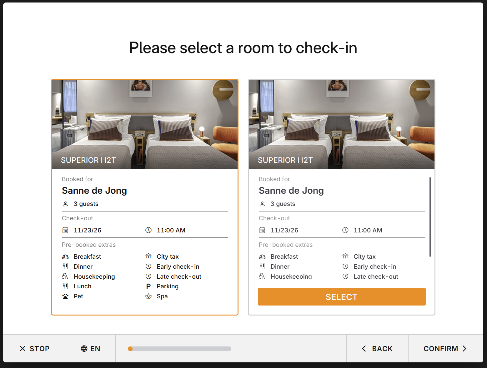 HUP self-service kiosk room selection screen