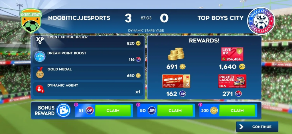 Dynamic Stars Vase match result screen showing NoobiticJJEsports 3, Top Boys City 0