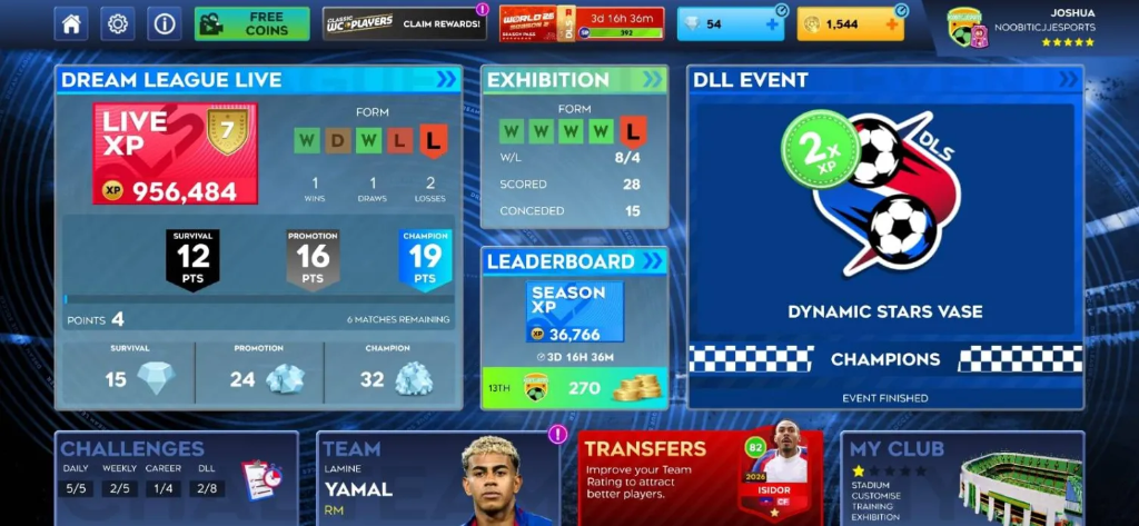 Dream League Soccer interface showing Dynamic Stars Vase Champions status