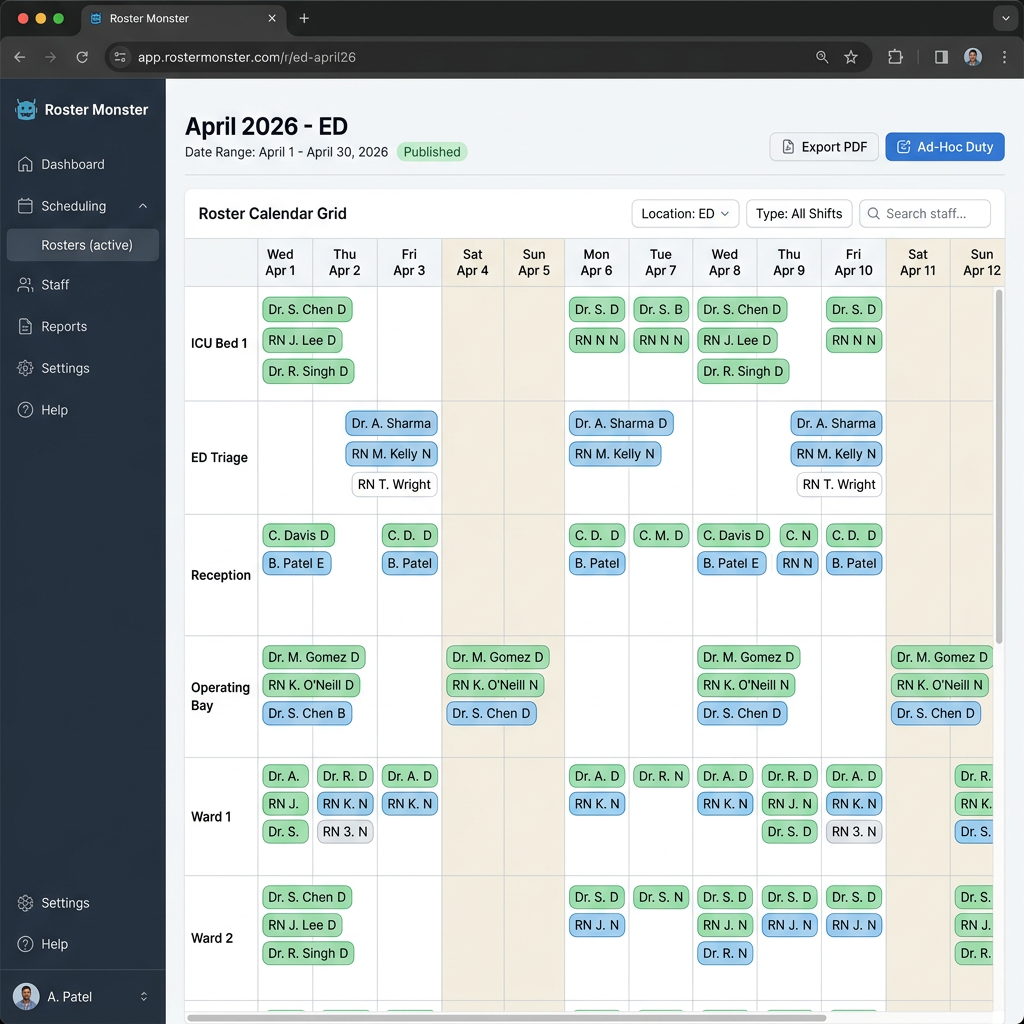 Roster calendar grid view