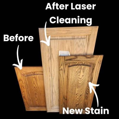 Laser ablation of old finish on wood without sanding or chemicals