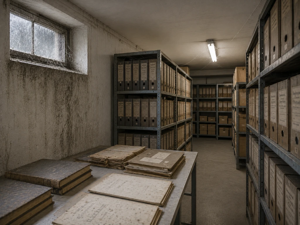 Kondensat in Kellerarchiv – feuchte, schimmelbefallene Betonwände und durchfeuchtete historische Akten in einem Stadtarchiv Frankfurt, relative Luftfeuchte über 80 Prozent