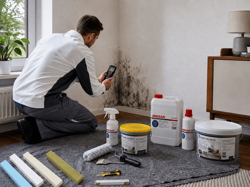 Techniker prüft Schimmelbefall an einer Wand im Innenraum neben professionellen Anti-Schimmel-Produkten wie Farbe und Reinigungsmitteln.