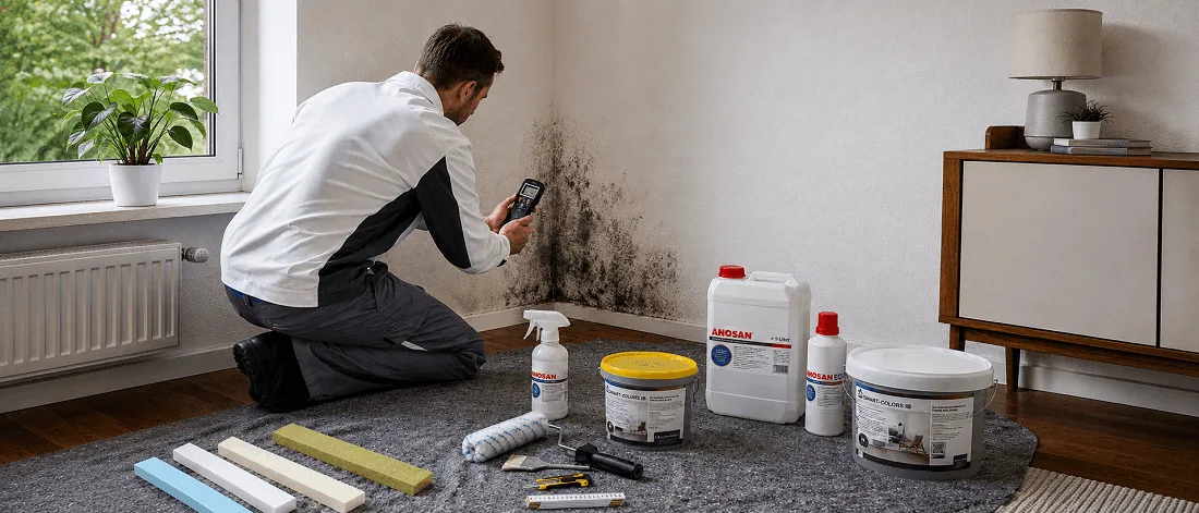 Fachmann prüft mit Messgerät einen Schimmelbefall an der Wand und legt Anti-Schimmel-Produkte wie Schimmelschutzfarbe und Reinigungsmittel bereit.