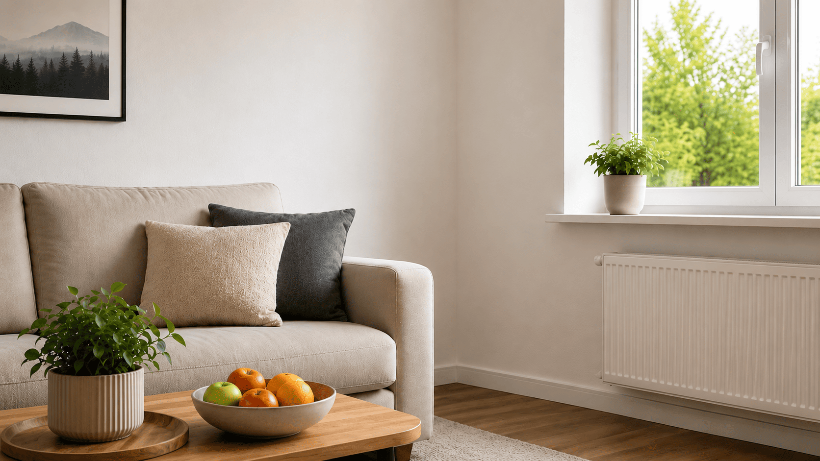 Helles und schimmelfreies Wohnzimmer nach erfolgreicher Sanierung mit sauberer Wand im Fensterbereich.