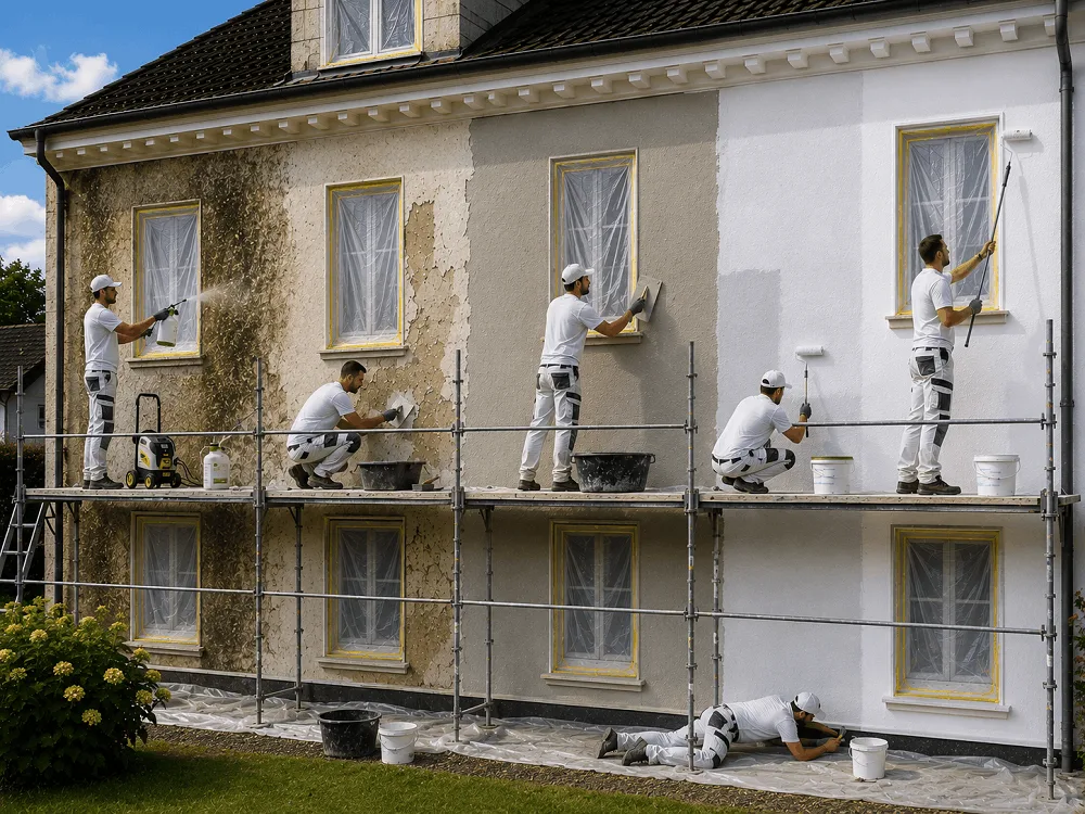Handwerker bei der Sanierung und Neugestaltung einer Hausfassade: Reinigung, Verputzen und Streichen einer Fassade auf einem Gerüst.