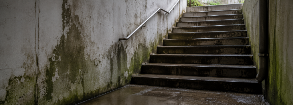 Betontreppe in einem Außenabgang mit nassen, moosbedeckten Wänden und stehendem Wasser auf den Stufen – Treppenanlage mit Feuchtigkeitsschäden und erhöhter Rutschgefahr.