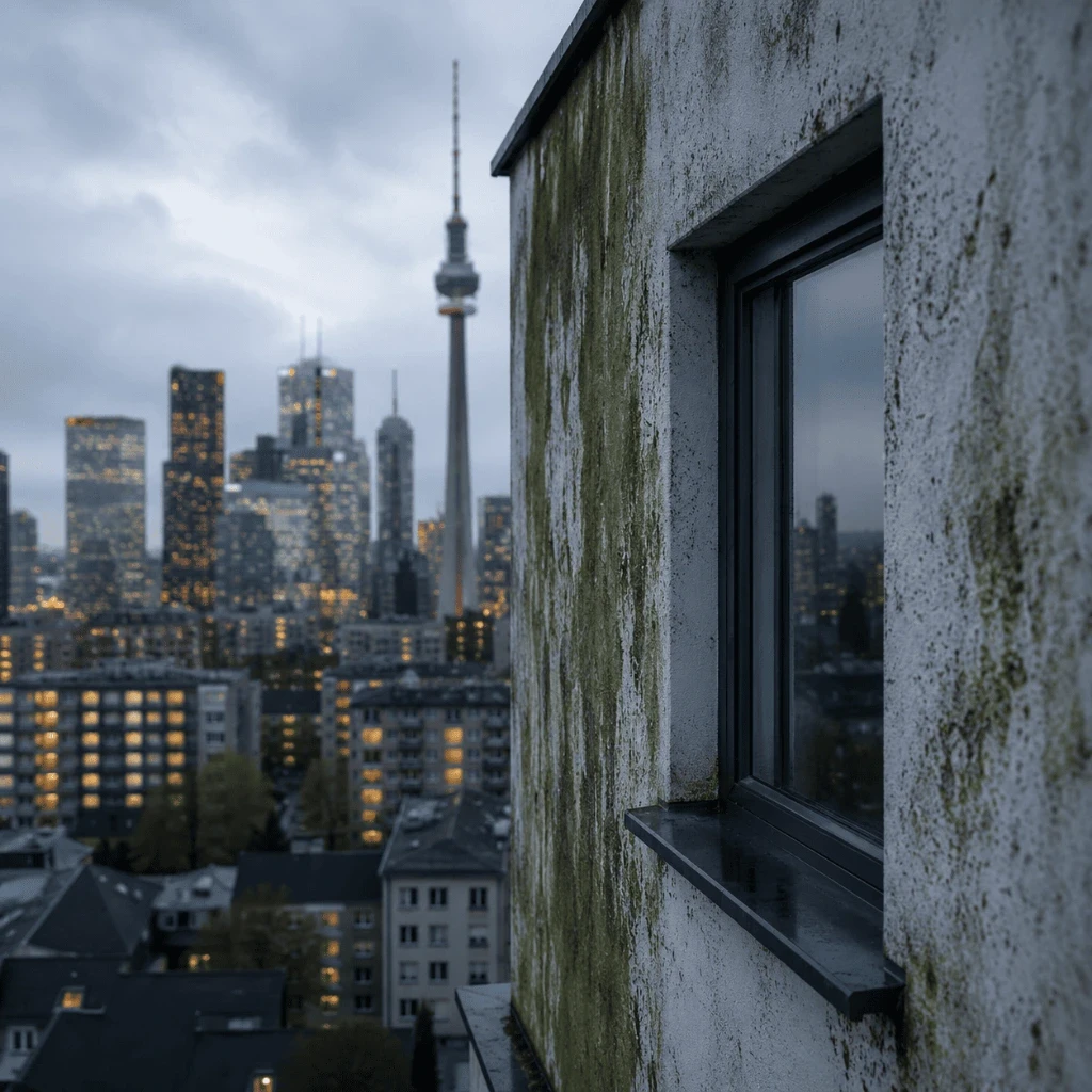 Algen- und moosbefallene Fassade mit Blick auf die Berliner Skyline