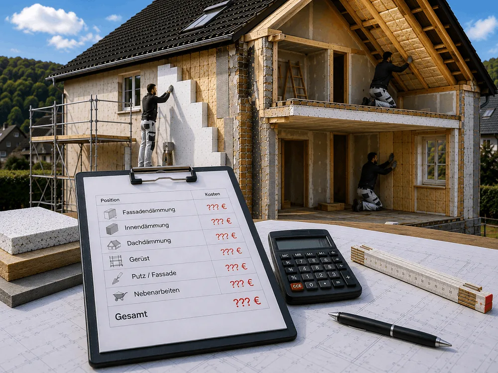 Hausdämmung Kosten 2026 in Solingen – Kostenschätzung für Außendämmung, Innendämmung und Fassadensanierung auf einem Klemmbrett mit Bauplänen, Taschenrechner und Zollstock