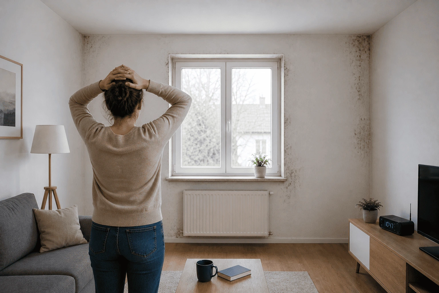 Wohnzimmer mit Schimmelbildung an den Wänden und Fensterbereichen – Bewohnerin betrachtet Feuchtigkeitssschäden im Innenraum.