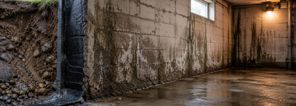 Feuchte Kellerwände aus Betonblöcken mit starken Wasserfahnen, Salzausblühungen und stehendem Wasser auf dem Boden – Kellerfeuchte durch Erdfeuchte und fehlende Außenabdichtung.