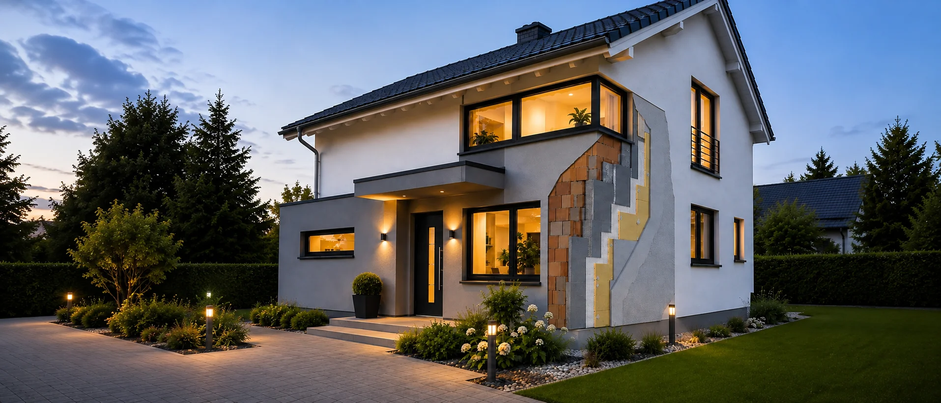 Fassadendämmung Kosten 2026: Preise, Förderung und Energieeffizienz im Bergischen Land Energieeffizientes Einfamilienhaus mit sichtbarem Fassadendämmungs-Aufbau bei Dämmerung