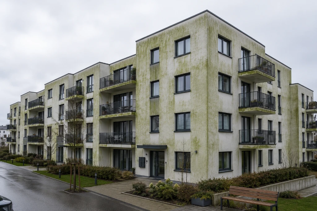 Algenbefall an der Fassade eines modernen Neubaus mit flächigem grünem Bewuchs und Verschmutzung an Balkonen und Fensterlaibungen