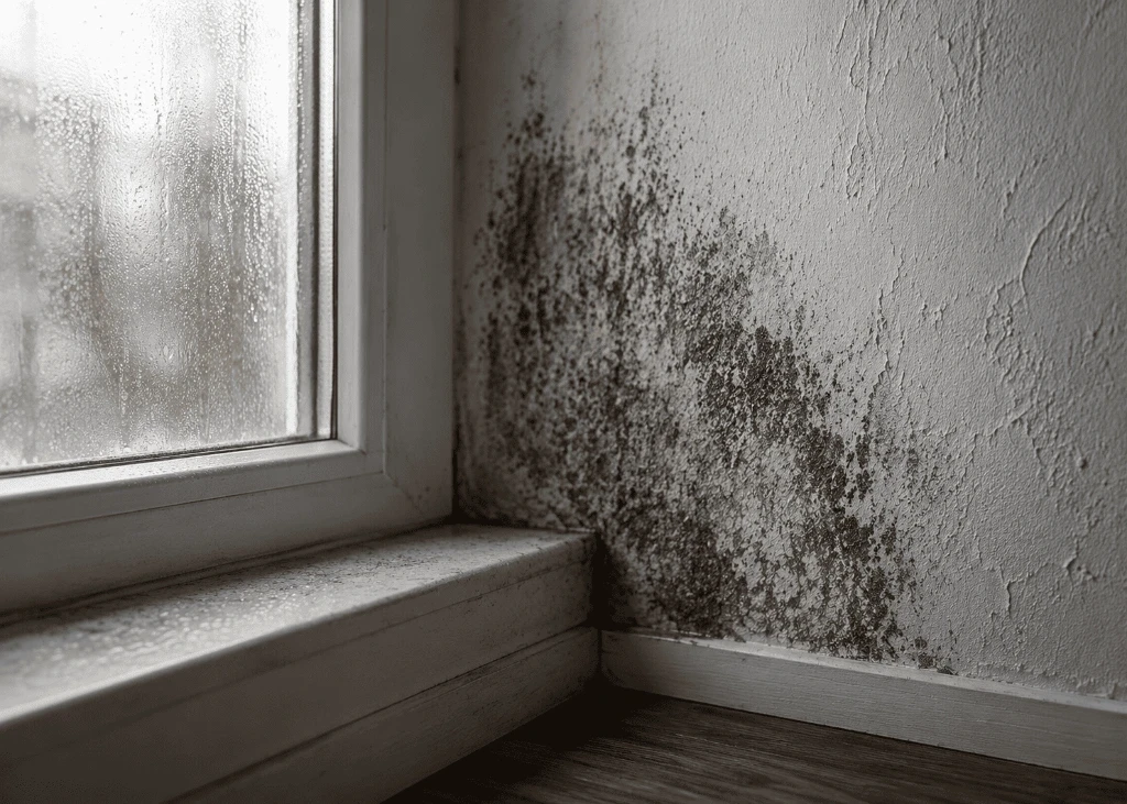 Schimmel an einer Innenwand neben einem feuchten Fenster mit Kondenswasser