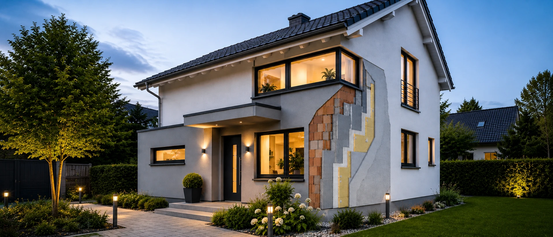 Fassadendämmung am Einfamilienhaus effizient dämmen – Schichtenaufbau zur Energiekostensenkung Fassadendämmung an modernem Einfamilienhaus im Bergischen Land – visualisierter Schichtenaufbau