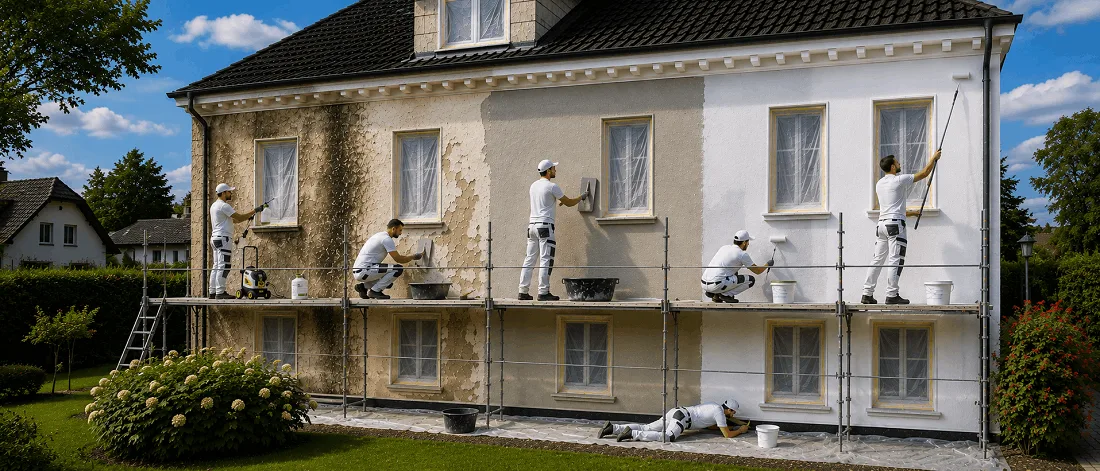Fassadenrenovierung Schritt für Schritt: Handwerker reinigen, verputzen und streichen eine Hausfassade auf einem Gerüst.
