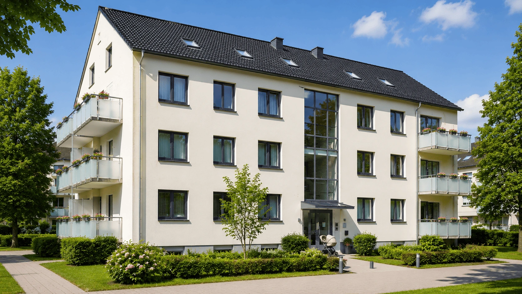 Weiße Hausfassade mit sichtbaren Feuchtigkeits- und Ablaufspuren auf einem Wärmedämmverbundsystem (WDVS) als Hinweis auf erhöhte Feuchtigkeitsbelastung.