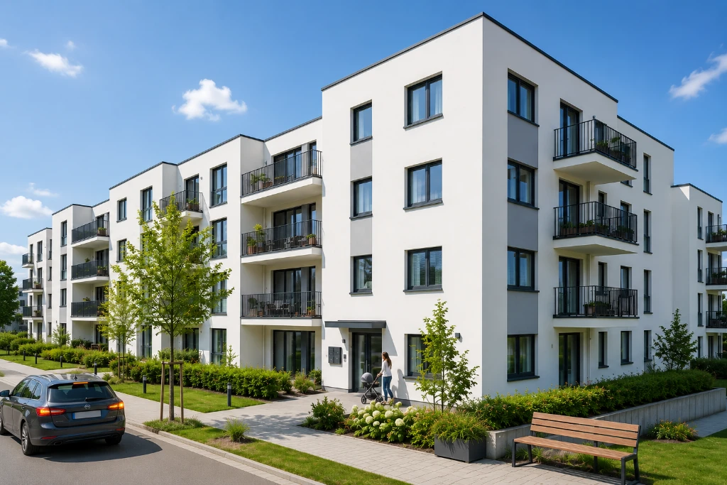 Sanierte Neubaufassade nach der professionellen Fassadenreinigung – saubere, algenfreie Fassade eines modernen Mehrfamilienhauses.