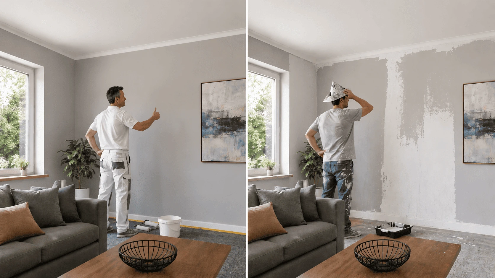Vorher-Nachher-Vergleich einer professionellen Innenraumsanierung mit frisch gestrichener Wand und modernisierter Wohnraumgestaltung.