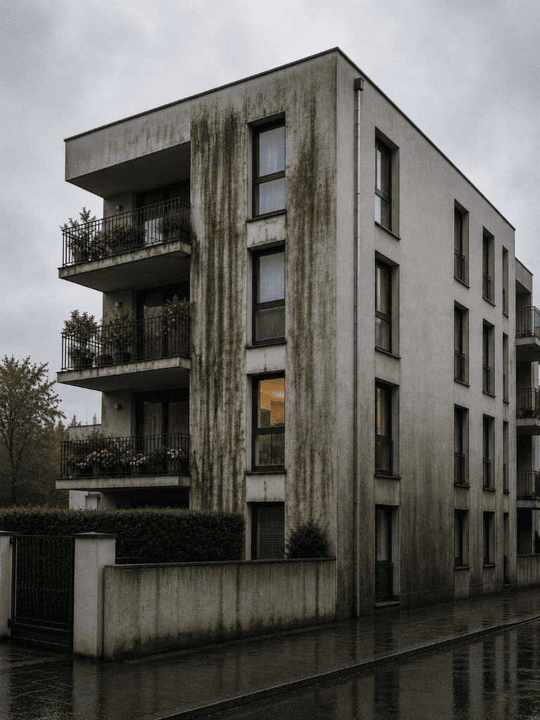 Algenbefall und Feuchtigkeitsschäden an der Fassade Mehrfamilienhaus mit starkem Algenbefall und Feuchtigkeitsspuren an der Außenfassade bei regnerischem Wetter.