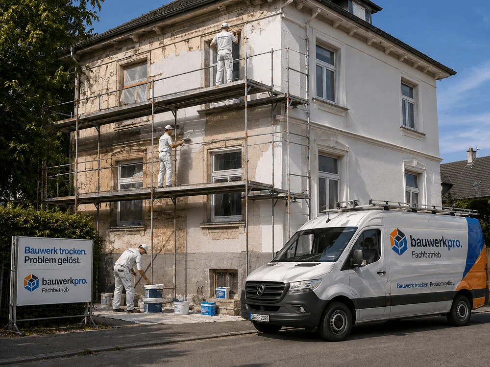 Bauwerkpro Fachbetrieb bei der professionellen Fassadenrenovierung und Sanierung an einem Wohngebäude