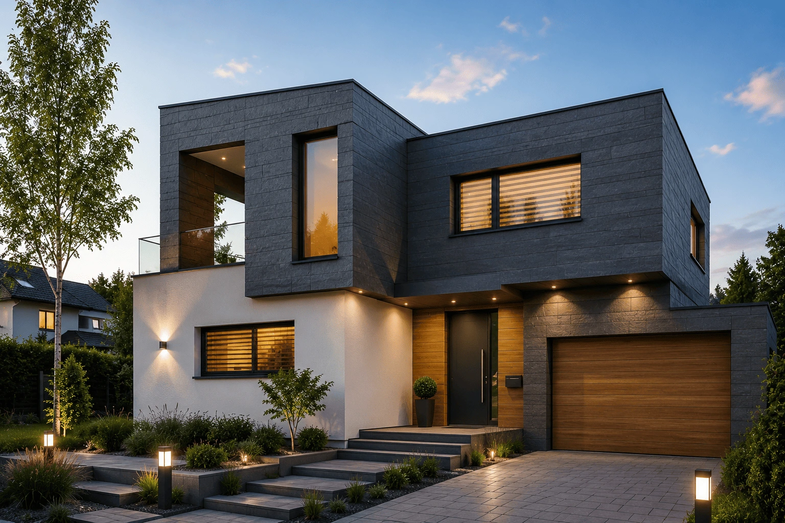 Modernes Einfamilienhaus mit hochwertiger Fassadenverkleidung, energieeffizienter Bauweise und moderner Architektur bei Abendbeleuchtung.