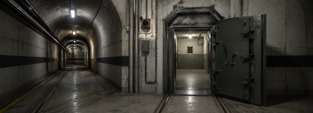Zivilschutzanlage & Bunker – Feuchtigkeitskontrolle und Abdichtung in unterirdischen Sicherheitsbauten Langer Betonkorridor in einem unterirdischen Zivilschutzbunker mit schwerer Stahltür – Schutzanlage mit Feuchtigkeits- und Kondensationsproblemen.