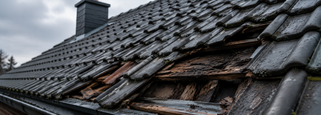 Stark beschädigtes Ziegeldach mit freiliegenden verrotteten Dachlatten und verschobenen Dachziegeln nach Sturmschäden – Dachschaden mit Gefahr von Wassereinbruch und Holzfäule.