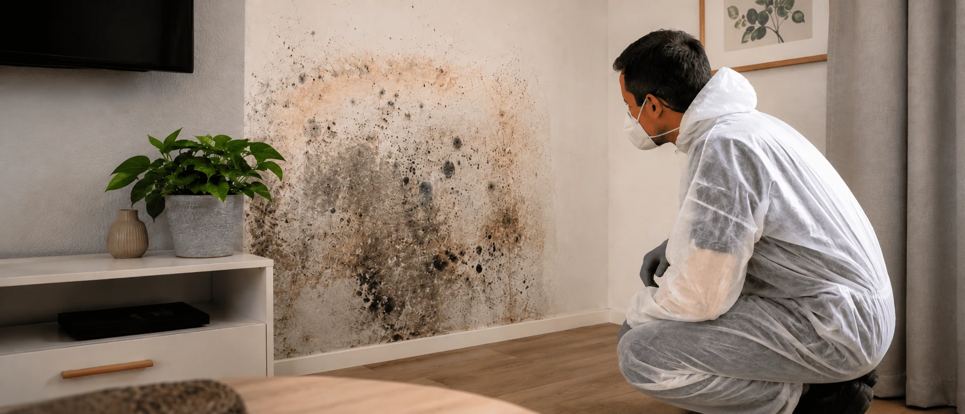 Fachmann in Schutzkleidung untersucht großflächigen Schimmelbefall an Wohnzimmerwand – Schimmelanalyse im Bergischen Land