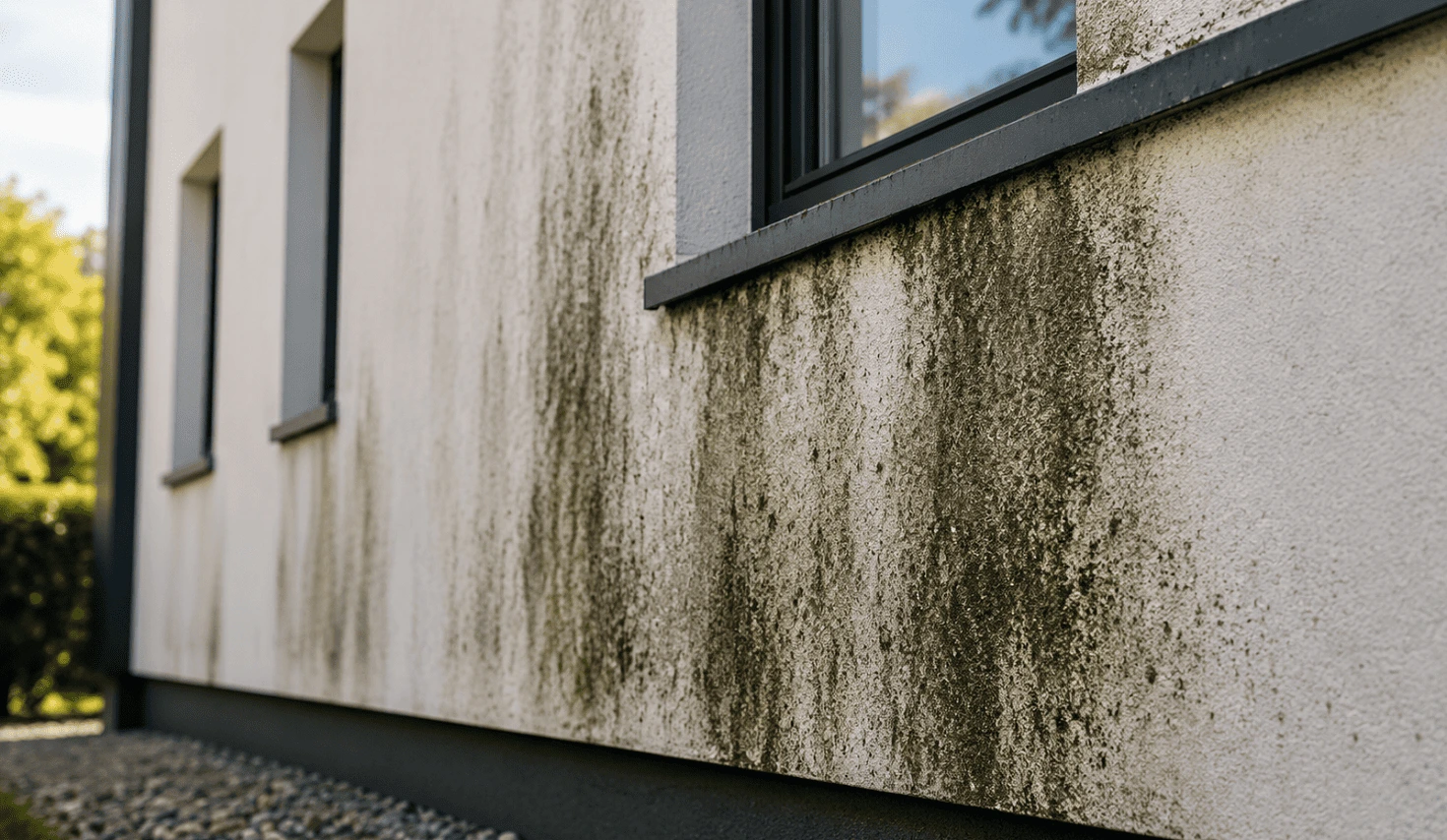 Starker Algenbefall und Feuchtigkeitsspuren an einer weißen Hausfassade unterhalb eines Fensters.