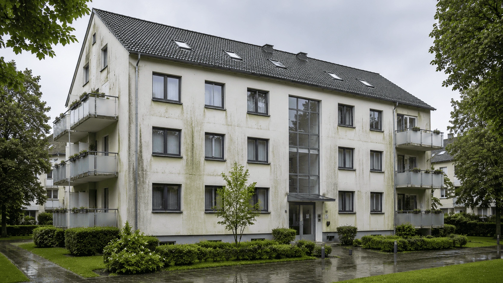 Mehrfamilienhaus mit sichtbarem Algen- und Feuchtigkeitsbefall an der Fassade durch dauerhaft hohe Feuchtigkeitsbelastung.