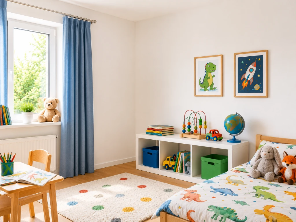 Sanierte Kinderzimmer nach Schimmelentfernung: helles und sauberes Kinderzimmer mit Dinosaurier-Dekoration nach der Bauwerk-Reinigung.