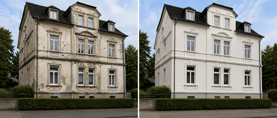 Historischer Altbau im Vorher-nachher-Vergleich vor und nach der Fassadensanierung mit Abdichtung