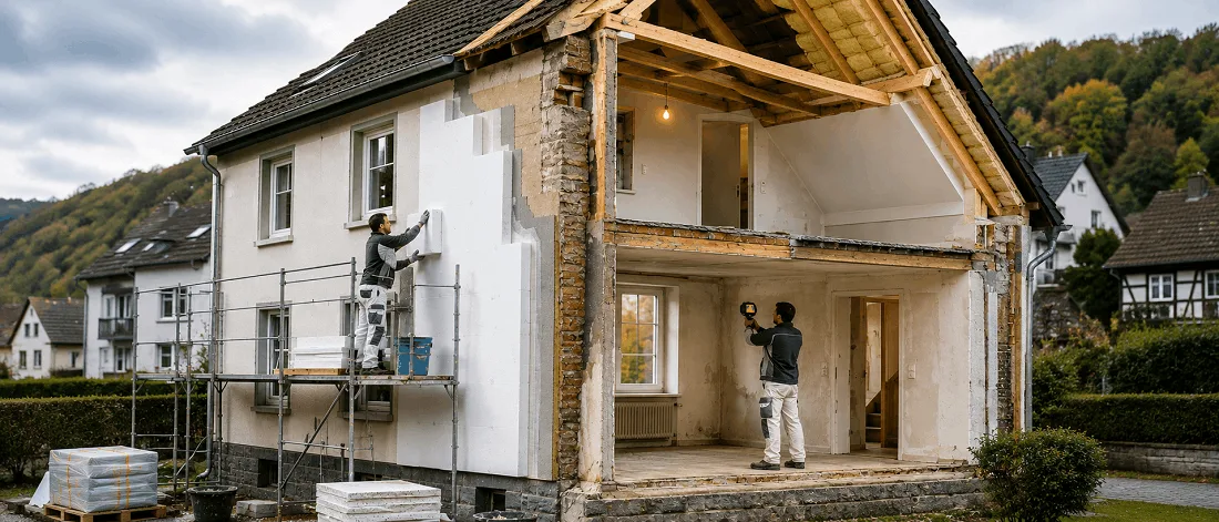 Hausdämmung richtig planen: Montage von Dämmplatten an der Außenwand und thermografische Bestandsanalyse bei einer energetischen Sanierung im Bergischen Land